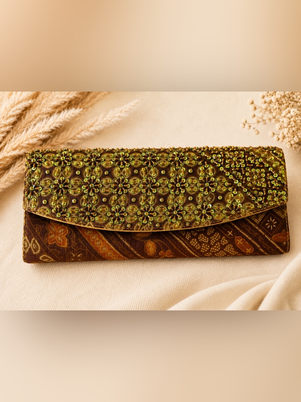 Vintage Indian Beaded Clutch Brown Green Embellished Evening Bag Boho